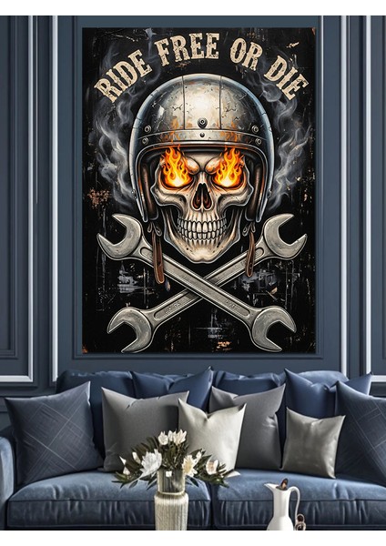 Kafatası Motorsiklet Retro Sanat Dekoratif Kanvas - Mdf Ahşap Tablo modelleri