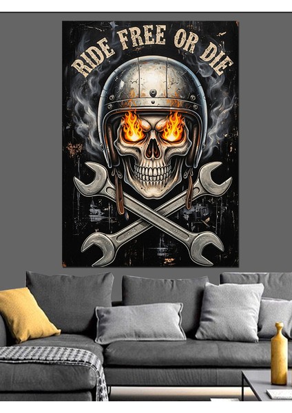 Kafatası Motorsiklet Retro Sanat Dekoratif Kanvas - Mdf Ahşap Tablo fırsatları