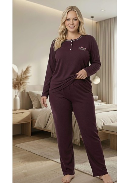 Kadın Kışlık Büyük Beden Yakası Düğmeli Uzun Kollu Interlok Pijama Takımı