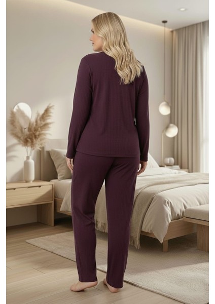 Kadın Kışlık Büyük Beden Yakası Düğmeli Uzun Kollu Interlok Pijama Takımı