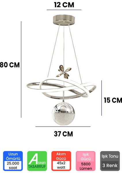 3 Renk Toplu Krom Gümüş Dimmerli Yıldız LED Avize fiyatları