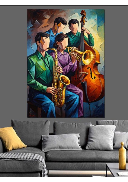 Caz Grubu Saksafon Müzik Dekoratif Kanvas - Mdf Ahşap Tablo