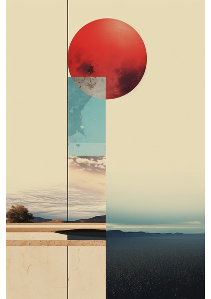 Kırmızı ve Turkuaz Detaylı Modern Kolaj Kanvas Tablo