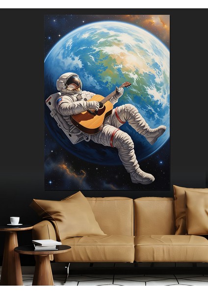 Dünya Üzerinde Gitar Çalan Astranot Dekoratif Kanvas - Mdf Ahşap Tablo