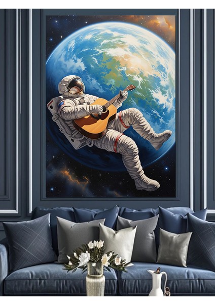 Dünya Üzerinde Gitar Çalan Astranot Dekoratif Kanvas - Mdf Ahşap Tablo fiyatları