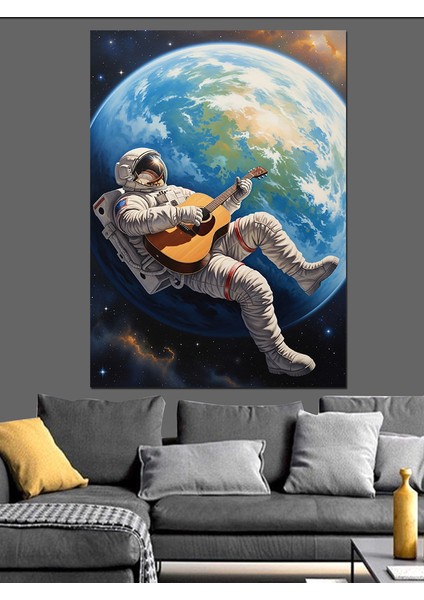 Dünya Üzerinde Gitar Çalan Astranot Dekoratif Kanvas - Mdf Ahşap Tablo modelleri