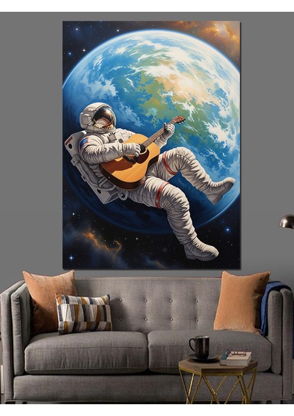 Dünya Üzerinde Gitar Çalan Astranot Dekoratif Kanvas - Mdf Ahşap Tablo fırsatları