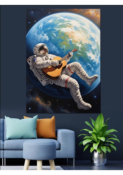 Dünya Üzerinde Gitar Çalan Astranot Dekoratif Kanvas - Mdf Ahşap Tablo indirimleri