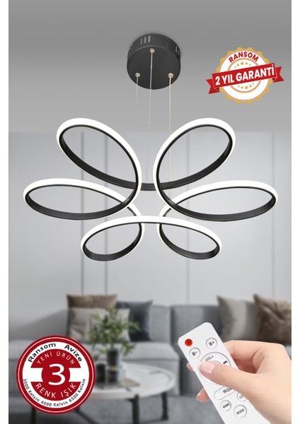 Modern 3 Renk Kumandalı Siyah Kasa Avize, Büyük Salon ve Oda Için