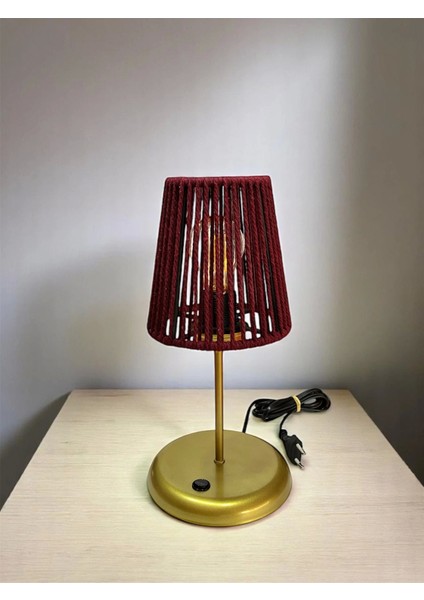 Şık Makrome Abajur, Mini Masa Lambası, Bordo Başlık, Gold Ayak