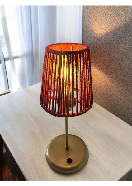 Şık Makrome Abajur, Mini Masa Lambası, Bordo Başlık, Gold Ayak fiyatları