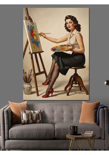 Ressam Kadın Fırça Boya Dekoratif Kanvas - Mdf Ahşap Tablo