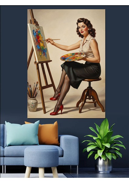 Ressam Kadın Fırça Boya Dekoratif Kanvas - Mdf Ahşap Tablo fiyatları
