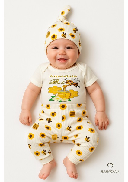 3’lü Yenidoğan Takım,“annesinin Balı” Baskılı Kısa Kol Body Arı Çiçek Desenli Ribana Pantolon Bere