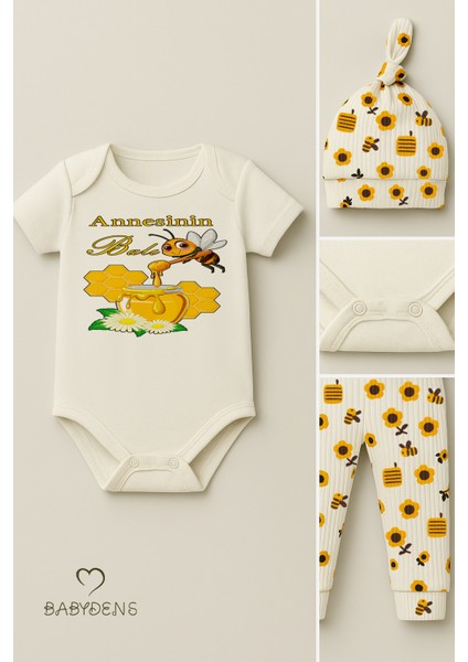 3’lü Yenidoğan Takım,“annesinin Balı” Baskılı Kısa Kol Body Arı Çiçek Desenli Ribana Pantolon Bere fiyatları