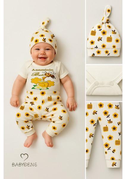 3’lü Yenidoğan Takım,“annesinin Balı” Baskılı Kısa Kol Body Arı Çiçek Desenli Ribana Pantolon Bere modelleri