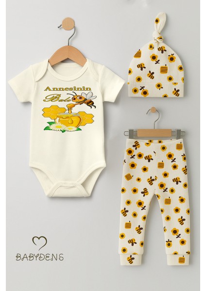3’lü Yenidoğan Takım,“annesinin Balı” Baskılı Kısa Kol Body Arı Çiçek Desenli Ribana Pantolon Bere fırsatları