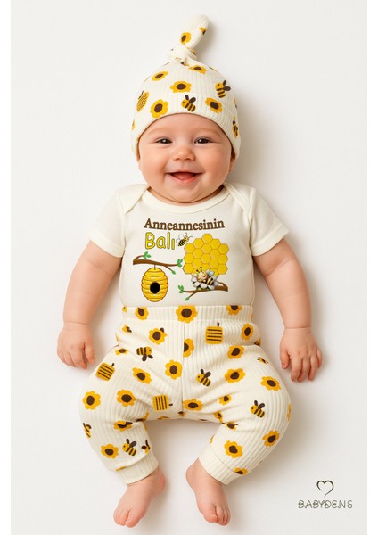 3’lü Yenidoğan Takım“anneannesinin Balı” Baskı Kısa Kol Body Arı Çiçek Desenli Ribana Pantolon Bere