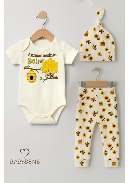 3’lü Yenidoğan Takım“anneannesinin Balı” Baskı Kısa Kol Body Arı Çiçek Desenli Ribana Pantolon Bere fiyatları