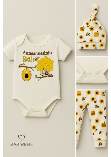 3’lü Yenidoğan Takım“anneannesinin Balı” Baskı Kısa Kol Body Arı Çiçek Desenli Ribana Pantolon Bere fırsatları