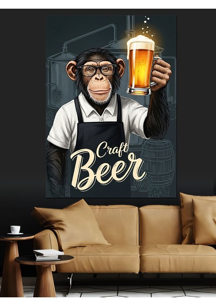 Bira Içen Şempanze Mizahi Dekoratif Kanvas - Mdf Ahşap Tablo