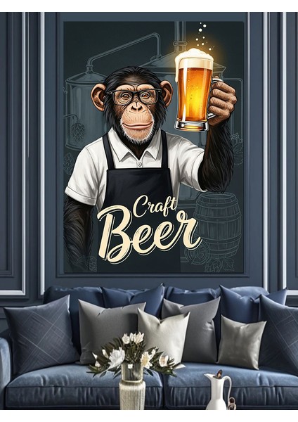 Bira Içen Şempanze Mizahi Dekoratif Kanvas - Mdf Ahşap Tablo fiyatları