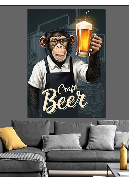 Bira Içen Şempanze Mizahi Dekoratif Kanvas - Mdf Ahşap Tablo modelleri