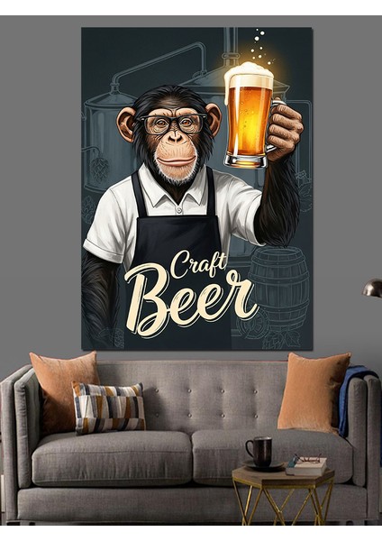 Bira Içen Şempanze Mizahi Dekoratif Kanvas - Mdf Ahşap Tablo fırsatları