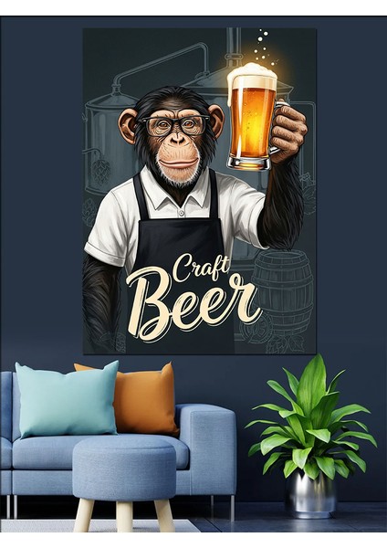 Bira Içen Şempanze Mizahi Dekoratif Kanvas - Mdf Ahşap Tablo indirimleri