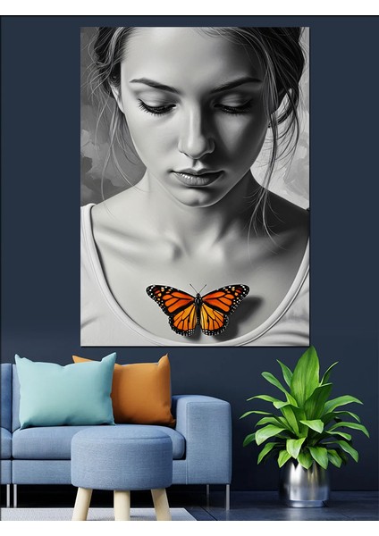 Kelebekli Kadın Yüzü Minimalist Dekoratif Kanvas - Mdf Ahşap Tablo