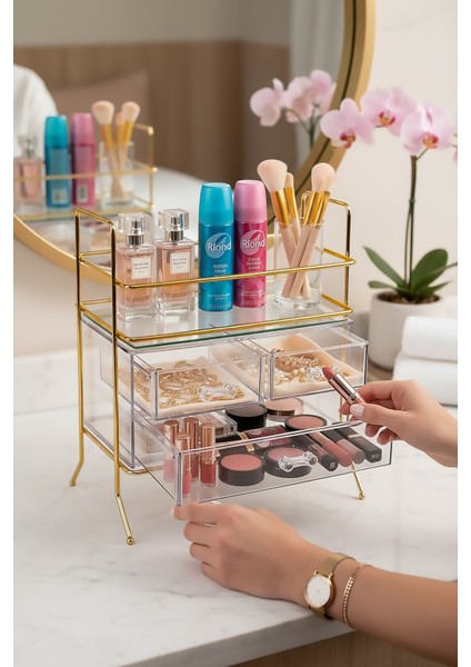 Şık Üç Çekmeceli Aynalı Takı ve Makyaj Düzenleyici
