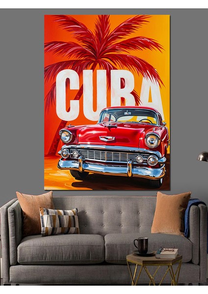 Küba Kırmızı Araba Afiş Dekoratif Kanvas - Mdf Ahşap Tablo