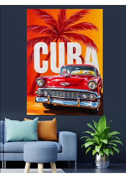 Küba Kırmızı Araba Afiş Dekoratif Kanvas - Mdf Ahşap Tablo fiyatları