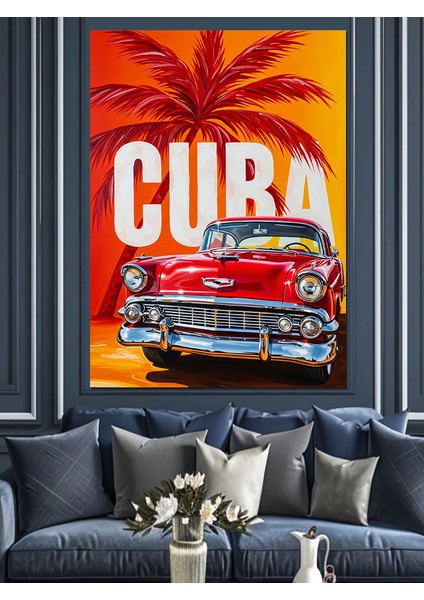 Küba Kırmızı Araba Afiş Dekoratif Kanvas - Mdf Ahşap Tablo fırsatları