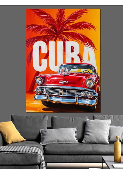 Küba Kırmızı Araba Afiş Dekoratif Kanvas - Mdf Ahşap Tablo indirimleri