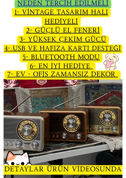 Dekoratif Halı Hediyeli Nostaljik Bluetooth Radyo – El Fenerli USB Sd Kartlı Şarjlı Masaüstü Retro Hediyelik Hoparlör indirimleri