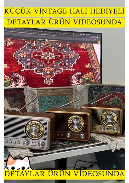 Dekoratif Halı Hediyeli Nostaljik Bluetooth Radyo – El Fenerli USB Sd Kartlı Şarjlı Masaüstü Retro Hediyelik Hoparlör