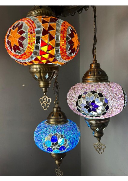 El Yapımı 3'lü Mozaik Avize Seti, Ampul Hediyeli, Şık ve Modern Dekor
