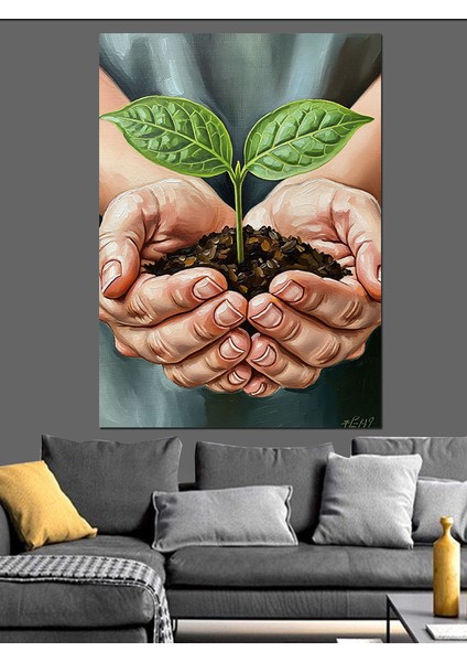 Fidan Tutan Eller Büyüme Dekoratif Kanvas - Mdf Ahşap Tablo