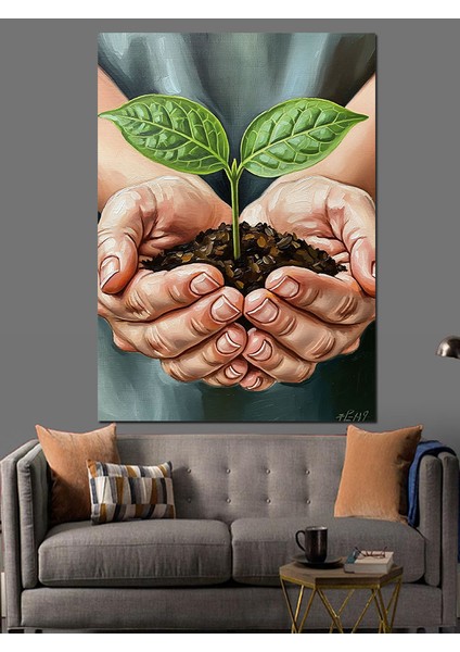 Fidan Tutan Eller Büyüme Dekoratif Kanvas - Mdf Ahşap Tablo fiyatları