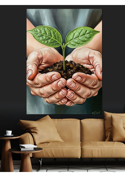 Fidan Tutan Eller Büyüme Dekoratif Kanvas - Mdf Ahşap Tablo fırsatları