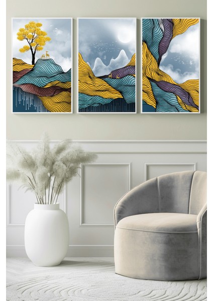 Soyut Renkli Dağ Manzarası ve Geyikler 3’lü Kanvas Tablo
