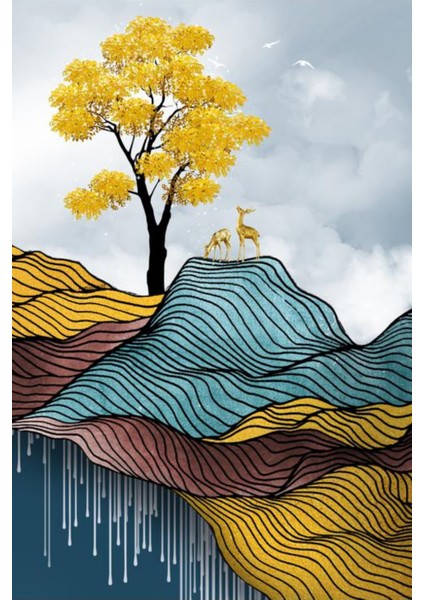 Soyut Renkli Dağ Manzarası ve Geyikler 3’lü Kanvas Tablo fiyatları