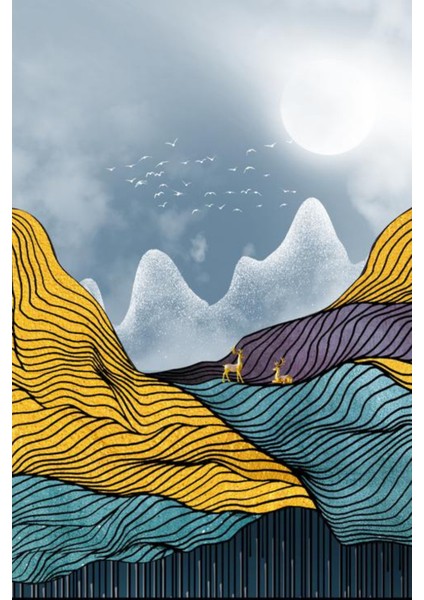 Soyut Renkli Dağ Manzarası ve Geyikler 3’lü Kanvas Tablo modelleri