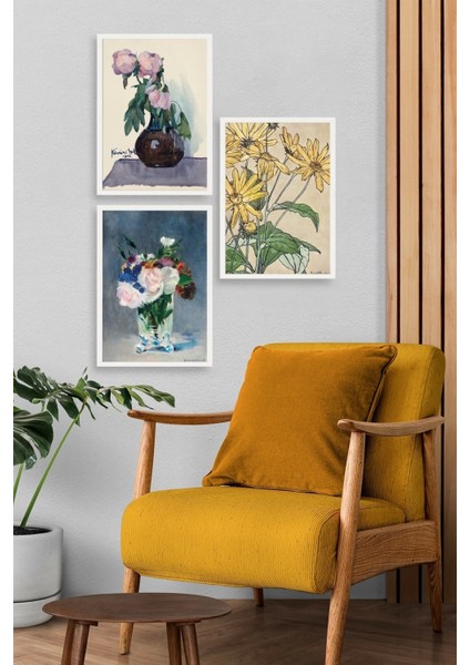 Vazodaki Çiçekler Üçlü Ahşap Çerçeveli Tablo modelleri