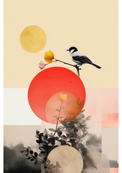 Sarı ve Kırmızı Tonlarda Modern Kuş ve Çiçek Kolaj Kanvas Tablo