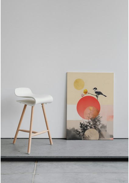 Sarı ve Kırmızı Tonlarda Modern Kuş ve Çiçek Kolaj Kanvas Tablo fiyatları