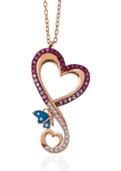 Gümüş Rose Kalpli Kelebek Kadın Kolye