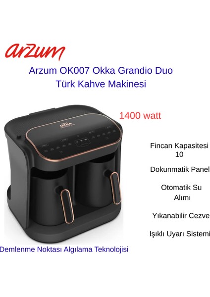 OK007 Okka Grandio Duo Türk Kahve Makinesi+Arzum Seramik Saç Maşası Hediye