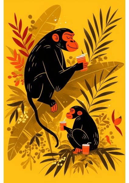 Meyveli Mola Maymun Ikilisi Kanvas Tablo